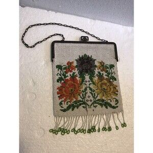 Antique Exquisite Fringed Beaded Purse 1920s To 1930s Chain Handle Floral Design